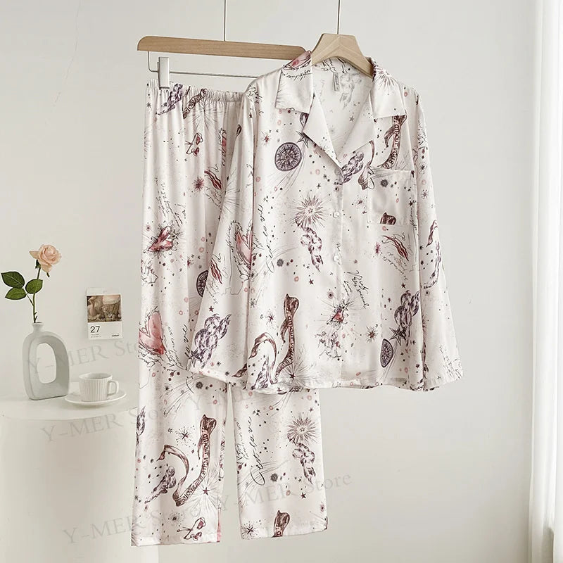 Leopard Pajamas Set Women's Sleepwear Fashion Feather Patchwork Shirty&pants Luxury Outfit Lady Casual Homewear Nightwear