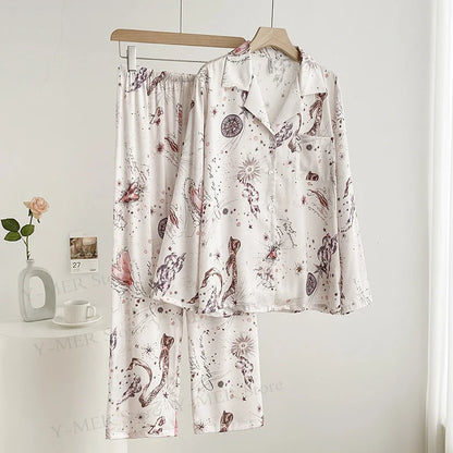 Leopard Pajamas Set Women's Sleepwear Fashion Feather Patchwork Shirty&pants Luxury Outfit Lady Casual Homewear Nightwear
