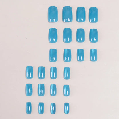 24/96pcs Short Square Water Light Blue Cat Eye Press on Nails Glossy Reusable Full Cover False Nails Finished Wearable Nail Tips