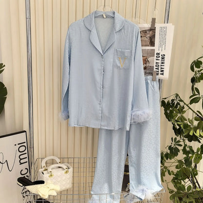 Leopard Pajamas Set Women's Sleepwear Fashion Feather Patchwork Shirty&pants Luxury Outfit Lady Casual Homewear Nightwear