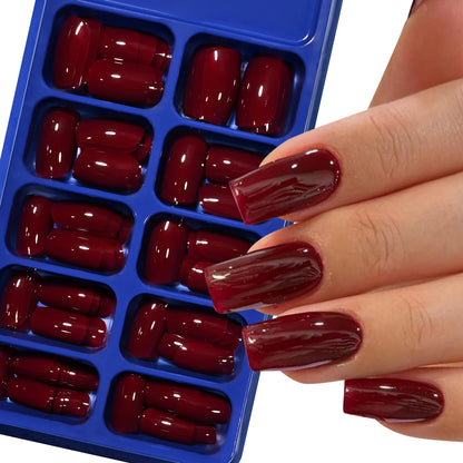 120pcs Wine Red Press On Nails Medium Square Glossy Solid Color Fake Nails, Full Cover Acrylic False Nails for Women, Daily & Pa