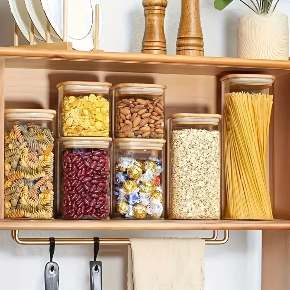   2/4/6/8Pcs Square Glass Sealed Jars, Kitchen Organizers, Storage Containers with Bamboo Lids, Glass Jars, Multi-Capacity Combination Set, Coffee Storage Containers, Suitable for Kitchen Spices, Coffee, Grains, Candies, Coo