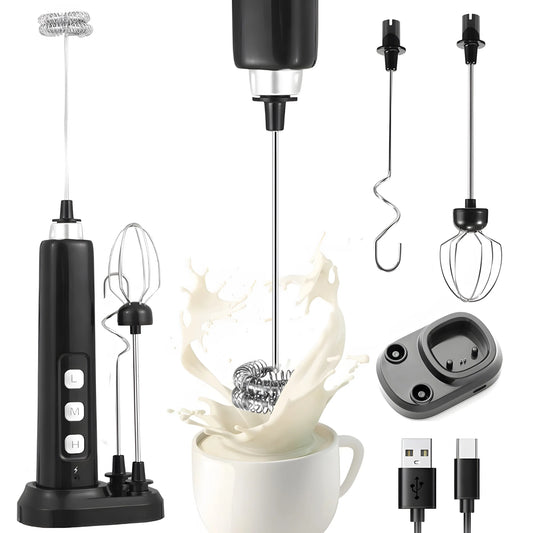 Handheld USB Rechargeable Mixer - Mini Electric Milk Frother with 3 Speeds, Whisking & Baking Aid, Multi-functional Attachments