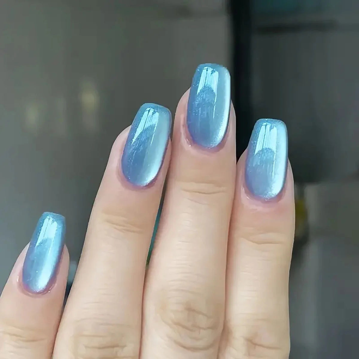 24/96pcs Short Square Water Light Blue Cat Eye Press on Nails Glossy Reusable Full Cover False Nails Finished Wearable Nail Tips