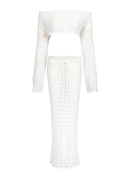 Sexy Knit One-neck Long Sleeve Short Top Drawstring Half Skirt Beach Two-piece 2026 Women Summer Swimsuit Cover Up Chic Set K172