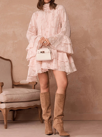 Women Fashion Half High Neck Short Dress Elegant Hight Waist Flared Sleeve Solid Mini Dress Casual Jacquard Loose Party Dresses
