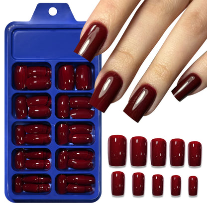 120pcs Wine Red Press On Nails Medium Square Glossy Solid Color Fake Nails, Full Cover Acrylic False Nails for Women, Daily & Pa