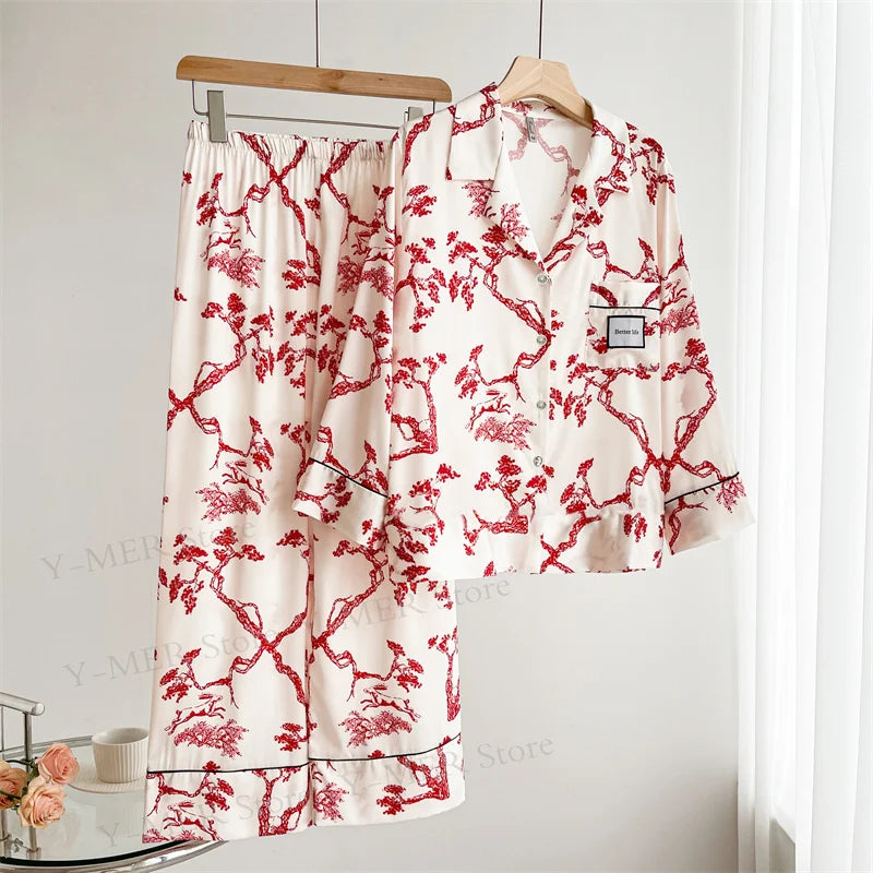 Leopard Pajamas Set Women's Sleepwear Fashion Feather Patchwork Shirty&pants Luxury Outfit Lady Casual Homewear Nightwear