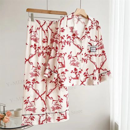 Leopard Pajamas Set Women's Sleepwear Fashion Feather Patchwork Shirty&pants Luxury Outfit Lady Casual Homewear Nightwear