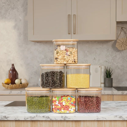  2/4/6/8Pcs Square Glass Sealed Jars, Kitchen Organizers, Storage Containers with Bamboo Lids, Glass Jars, Multi-Capacity Combination Set, Coffee Storage Containers, Suitable for Kitchen Spices, Coffee, Grains, Candies, Coo