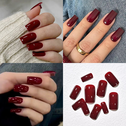 120pcs Wine Red Press On Nails Medium Square Glossy Solid Color Fake Nails, Full Cover Acrylic False Nails for Women, Daily & Pa