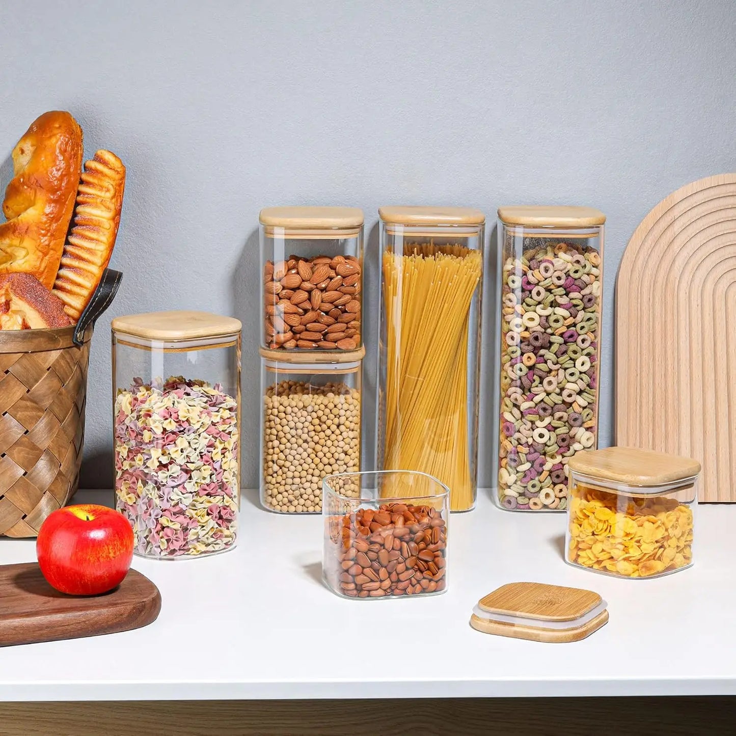   2/4/6/8Pcs Square Glass Sealed Jars, Kitchen Organizers, Storage Containers with Bamboo Lids, Glass Jars, Multi-Capacity Combination Set, Coffee Storage Containers, Suitable for Kitchen Spices, Coffee, Grains, Candies, Coo