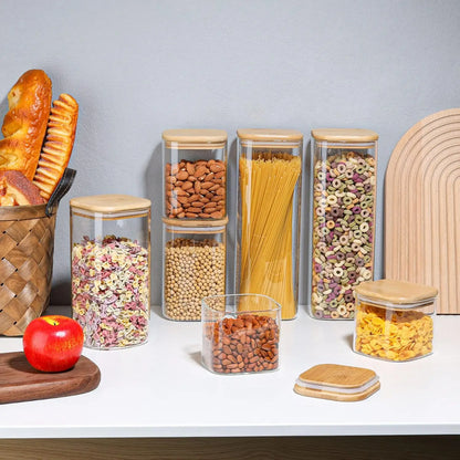   2/4/6/8Pcs Square Glass Sealed Jars, Kitchen Organizers, Storage Containers with Bamboo Lids, Glass Jars, Multi-Capacity Combination Set, Coffee Storage Containers, Suitable for Kitchen Spices, Coffee, Grains, Candies, Coo