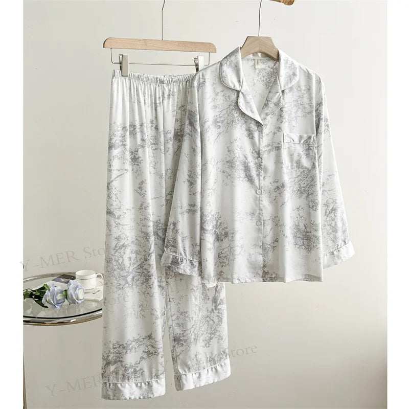 Leopard Pajamas Set Women's Sleepwear Fashion Feather Patchwork Shirty&pants Luxury Outfit Lady Casual Homewear Nightwear