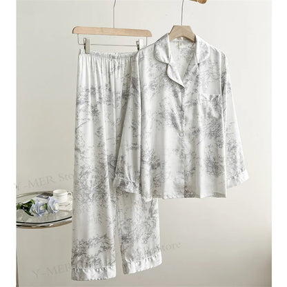 Leopard Pajamas Set Women's Sleepwear Fashion Feather Patchwork Shirty&pants Luxury Outfit Lady Casual Homewear Nightwear