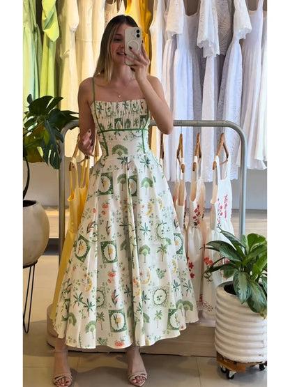Elegant Printed Women's Summer Dress Sleeveless Halter Waist-closed A-line Lady Dresses Spring Fashion Female Vacation Robe 2026