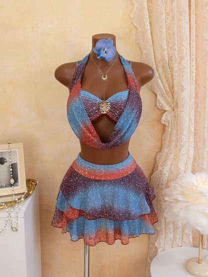 Sexy Blue Gradient Bikini Set 2026 Women Metal 3D Flower Push Up High Waist Pleate Skirt Swimsuit Holiday Bathing Suit Swimwear