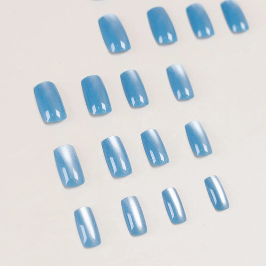 24/96pcs Short Square Water Light Blue Cat Eye Press on Nails Glossy Reusable Full Cover False Nails Finished Wearable Nail Tips