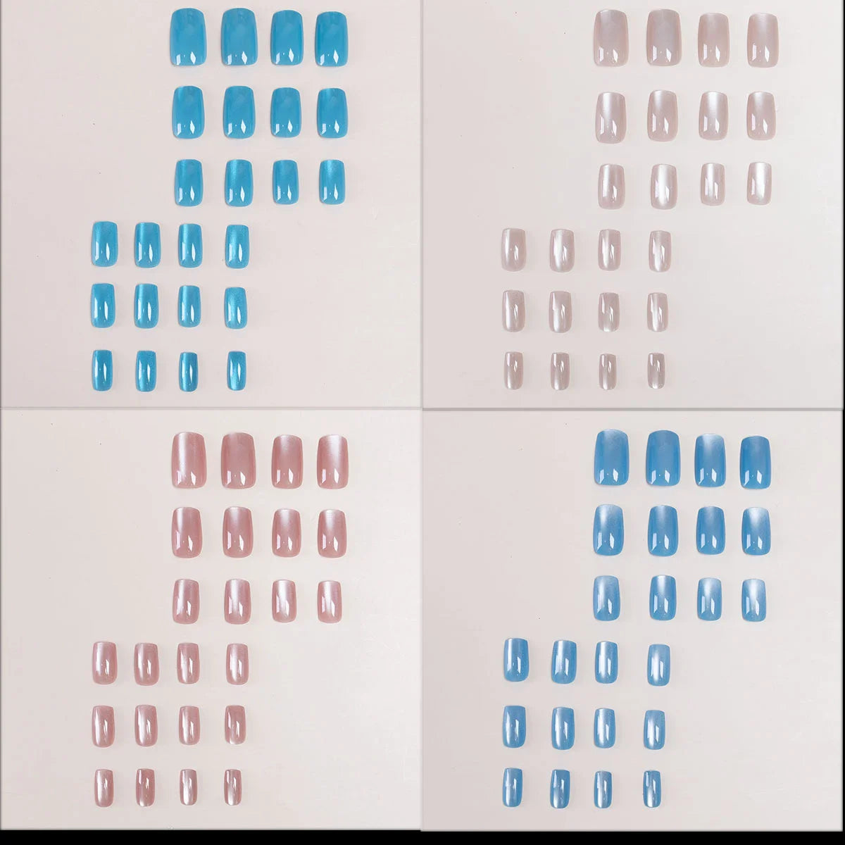 24/96pcs Short Square Water Light Blue Cat Eye Press on Nails Glossy Reusable Full Cover False Nails Finished Wearable Nail Tips