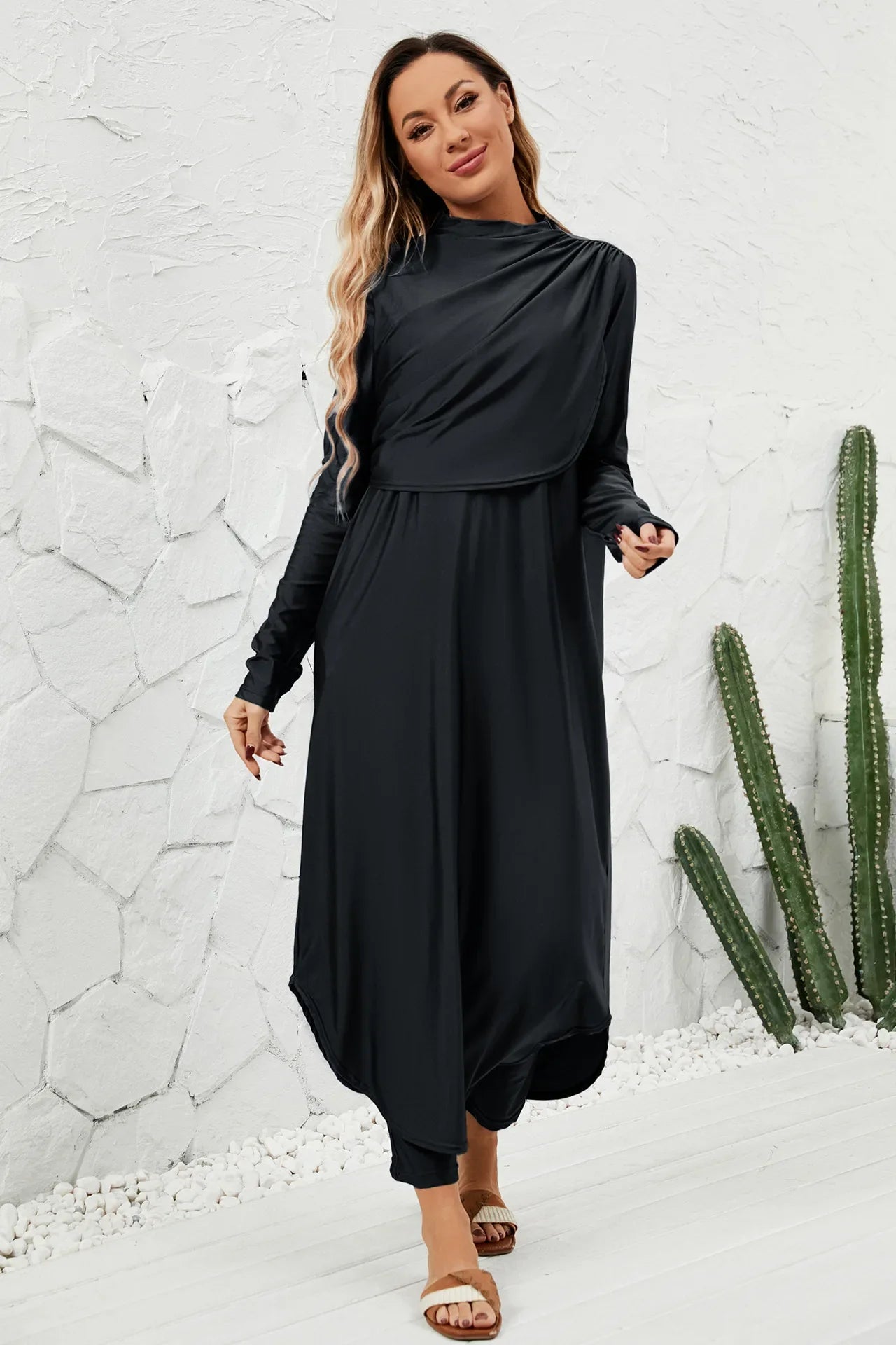 Black Modest Swimwear Women with Swim Cap 2025 Summer Swimsuit 3 Piece Set Burkini Muslim Mujer Robe Femme Musulmane Clothing