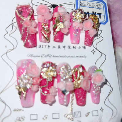 Press On Nails Handmade Pink Ombre 3D Rose Gold Accented Stunning Design False Nails Full Set 24pcs Comfort Fit 2 Glues