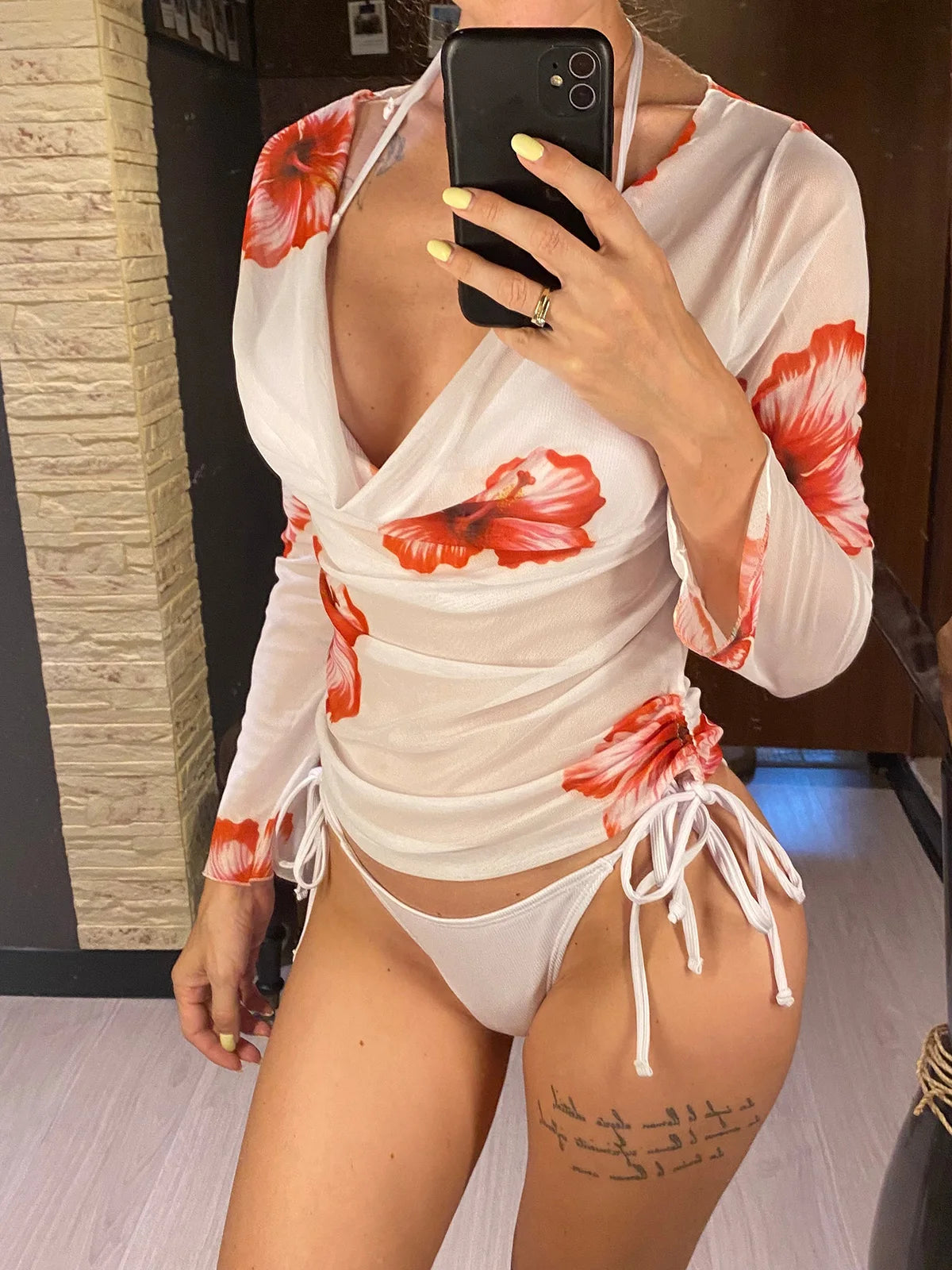 With Long Sleeve Cover Up Floral Bikini Female Swimsuit Women Swimwear Three-pieces Bikini set Bather Bathing Suit Swim V6742