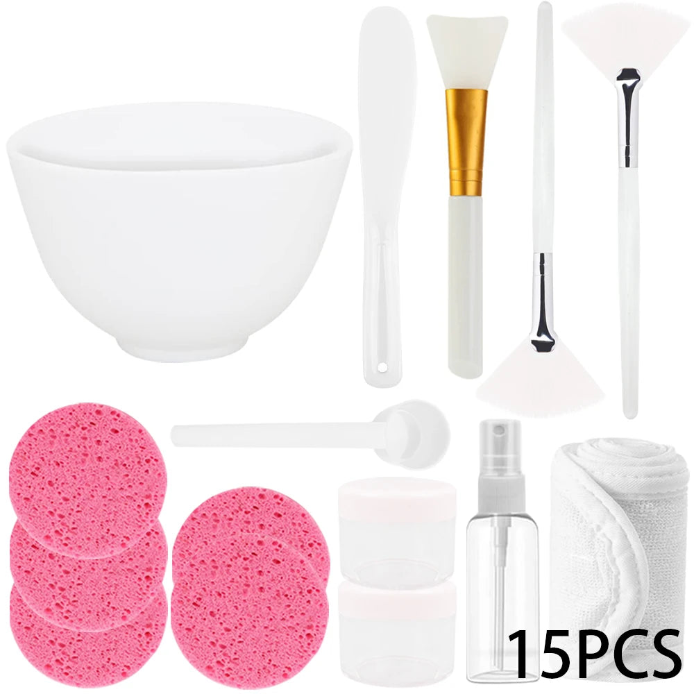 15pcs Face Skin Care Set Beauty Tools Mask Mixing Bowl Silicone Facial Mask Brushes Compressed Facial Sponges Spray Beauty Tool