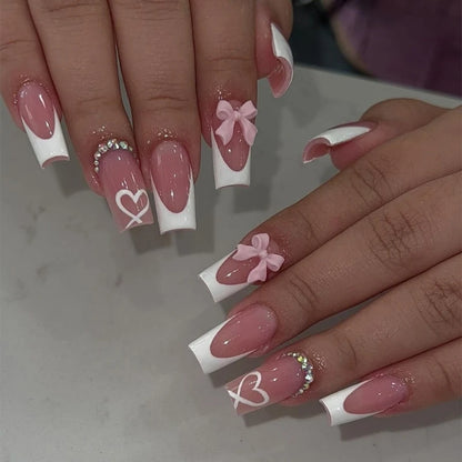 Fashionable Bows Square Press On Nails 24 Pcs French Tip Acrylic False Nails Drop Shipping