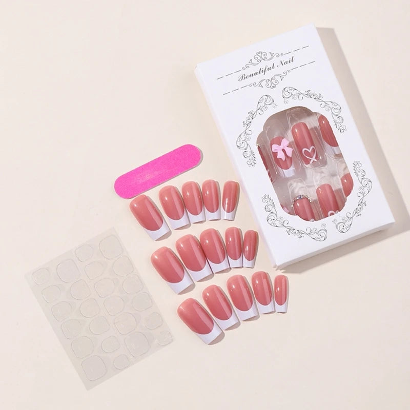 Fashionable Bows Square Press On Nails 24 Pcs French Tip Acrylic False Nails Drop Shipping