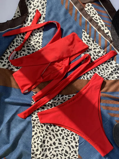 Halter Cross Bandage High Cut Bikini Female Swimsuit Women Swimwear Two-pieces Bikini Set Hollow Out Bather Bathing Suit Swim