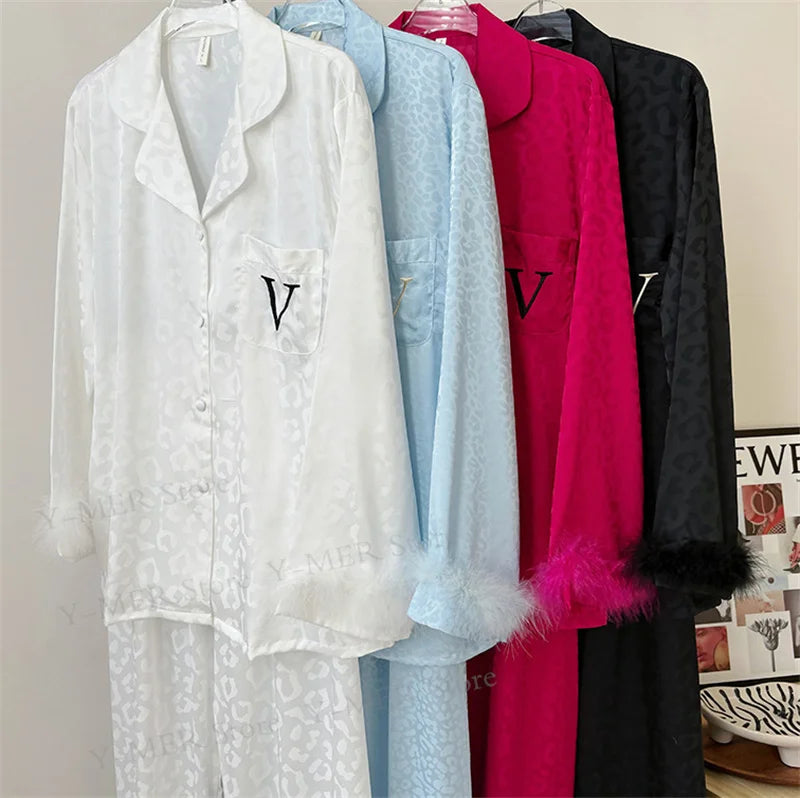 Leopard Pajamas Set Women's Sleepwear Fashion Feather Patchwork Shirty&pants Luxury Outfit Lady Casual Homewear Nightwear