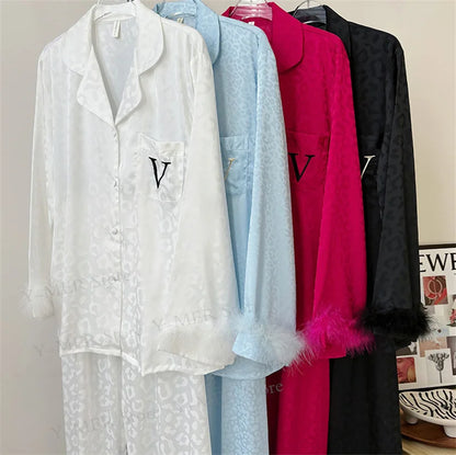 Leopard Pajamas Set Women's Sleepwear Fashion Feather Patchwork Shirty&pants Luxury Outfit Lady Casual Homewear Nightwear