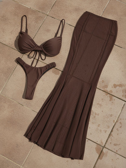 Chic 3 Piece Bikini Set Ruched Bathing Suit with Coverup Skirt 2025 New Beachwear Push Up Swimsuit Nightclub Party Dress K268