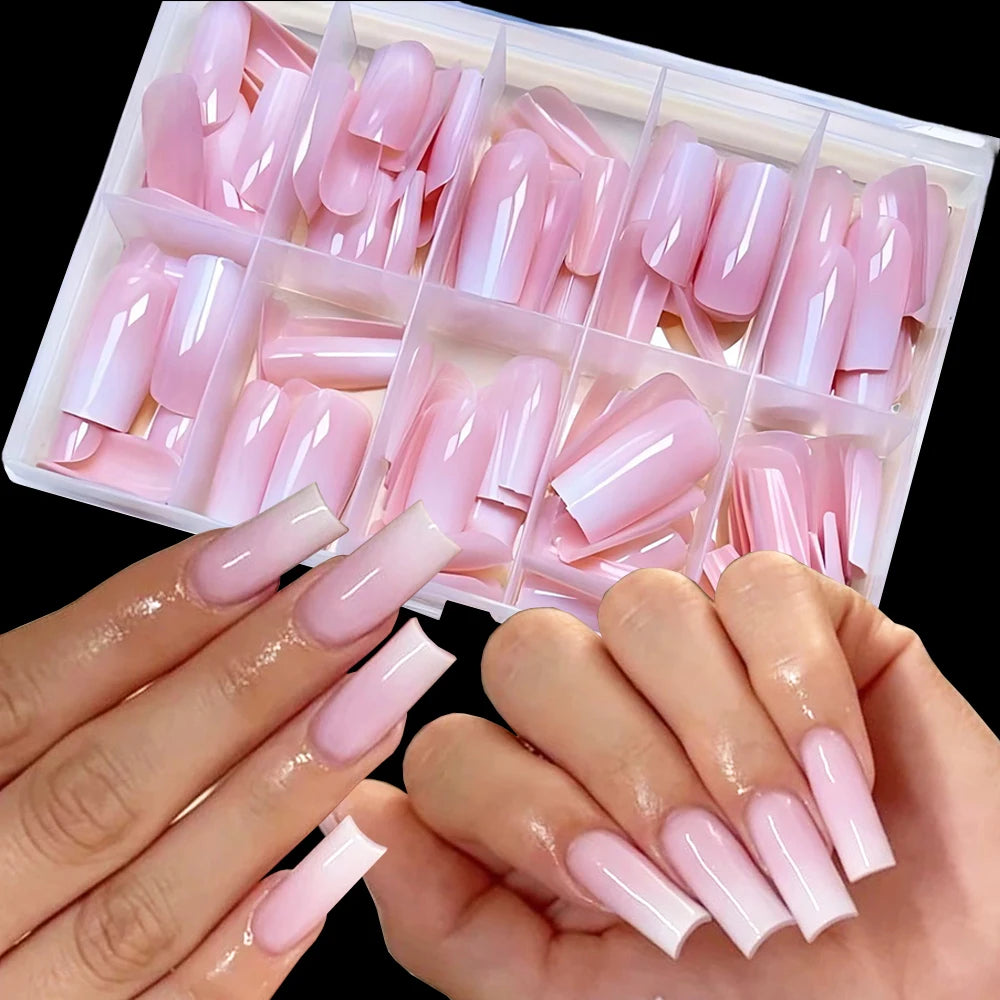 120pcs Pink To White Ombre Press-On Nails For Women Pink Gradient Medium Square Fasle Nails Glossy Finish Durable Fake Nail Tips