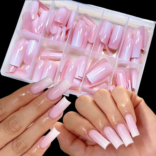 120pcs Pink To White Ombre Press-On Nails For Women Pink Gradient Medium Square Fasle Nails Glossy Finish Durable Fake Nail Tips