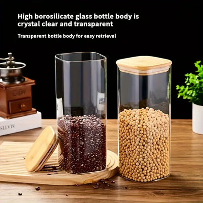   2/4/6/8Pcs Square Glass Sealed Jars, Kitchen Organizers, Storage Containers with Bamboo Lids, Glass Jars, Multi-Capacity Combination Set, Coffee Storage Containers, Suitable for Kitchen Spices, Coffee, Grains, Candies, Coo