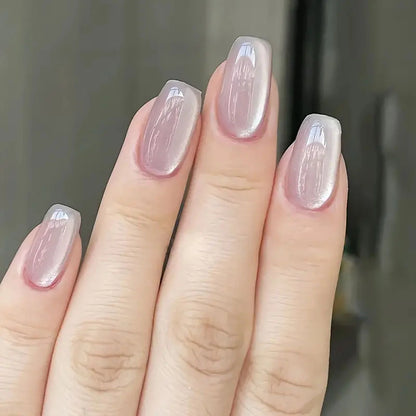 24/96pcs Short Square Water Light Blue Cat Eye Press on Nails Glossy Reusable Full Cover False Nails Finished Wearable Nail Tips