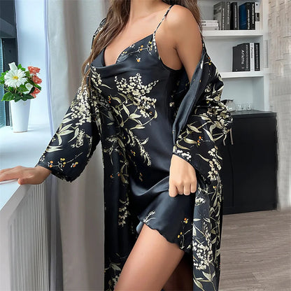 Two-piece Tie Nightgown Set Printed Sleepwear Women Satin Nightgown Sexy Suspender Dress Summer Home Clothes
