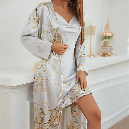 Two-piece Tie Nightgown Set Printed Sleepwear Women Satin Nightgown Sexy Suspender Dress Summer Home Clothes