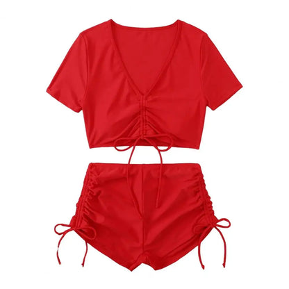 Women Summer Bikini Set V-Neck Short Sleeve Tops High Waist Drawstring Swimming Trunks Swimsuit bikini swimwear 2024