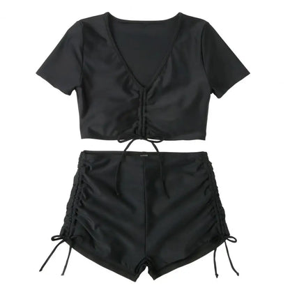 Women Summer Bikini Set V-Neck Short Sleeve Tops High Waist Drawstring Swimming Trunks Swimsuit bikini swimwear 2024