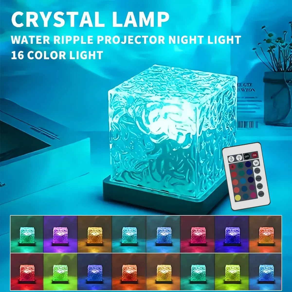 3/16 Colors Water Ripple Projector Dynamic Rotating LED Night Light with Remote Dimming Family Bedroom Romantic Ocean Decor Lamp