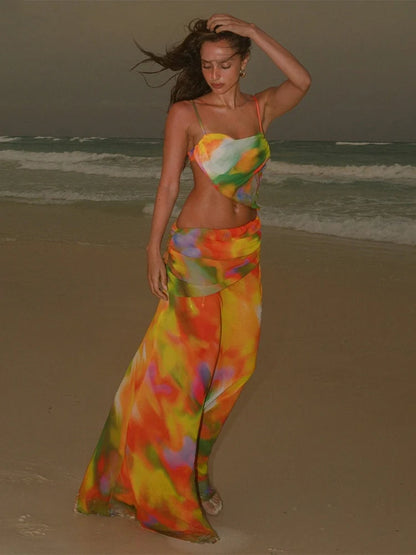 ZRTAK Two Piece Cover Ups Swimsuit Mesh Cover Bikinis 2025 Bathing Suit Sexy Bikini Sets Swimwear Print Beachwear Biquinis