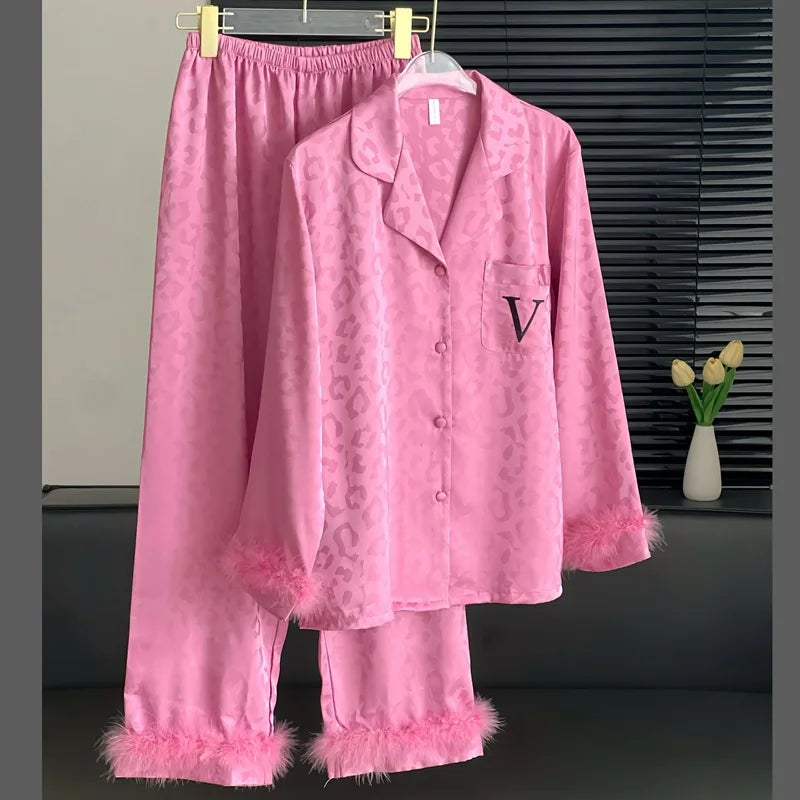 Leopard Pajamas Set Women's Sleepwear Fashion Feather Patchwork Shirty&pants Luxury Outfit Lady Casual Homewear Nightwear