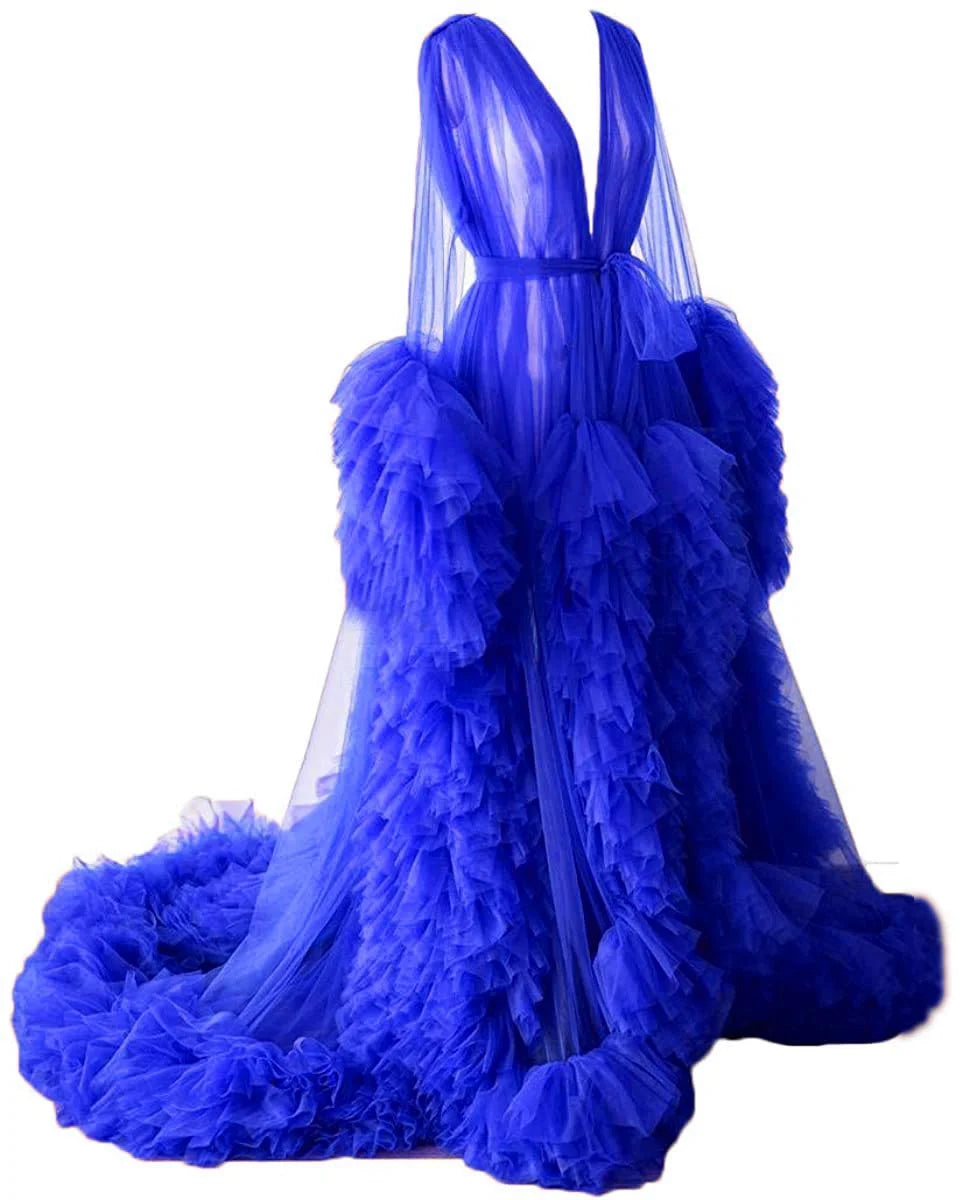 Women's Dressing Gown Perspective Sheer Long Tulle Robe Puffy Pregnancy Maternity Dress for Baby Shower Nightgown Sleepwear