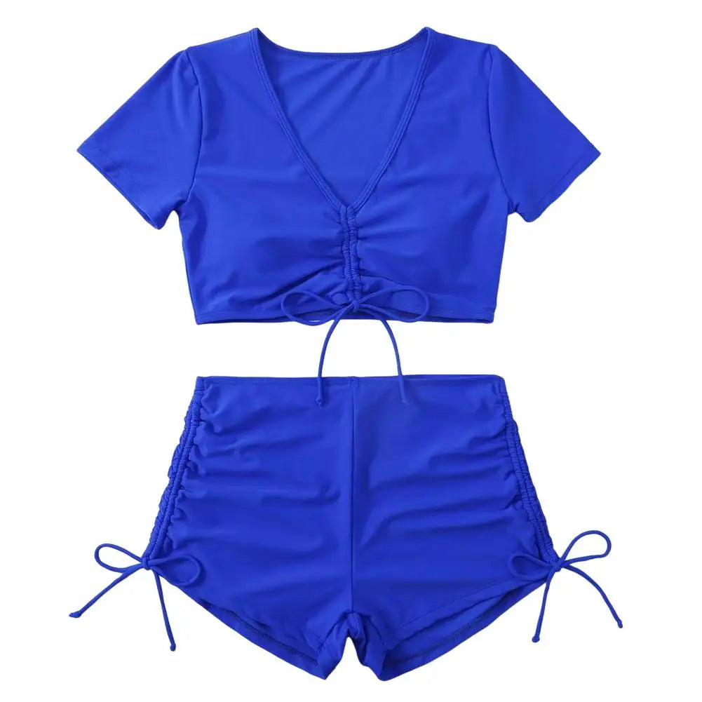 Women Summer Bikini Set V-Neck Short Sleeve Tops High Waist Drawstring Swimming Trunks Swimsuit bikini swimwear 2024
